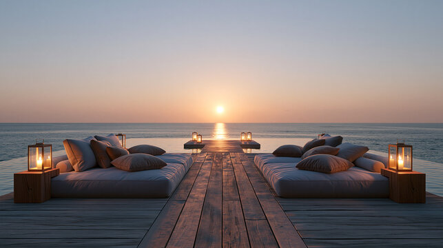 Seaside Luxury Lounge Deck with Cushioned Daybeds Lanterns and Golden Sunset Horizon