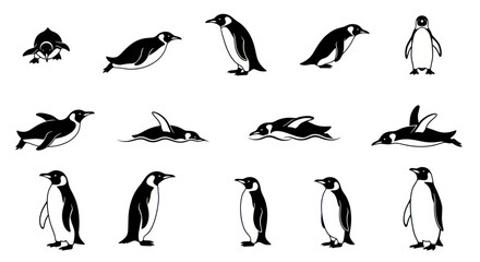 Obraz premium Penguin Icons Set: Diverse Poses and Actions of Antarctic Birds Collection