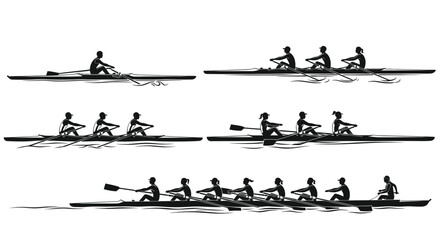 Rowing team silhouettes, diverse boat sizes, water sport, athletic competition © Kardus