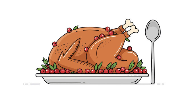 Roasted Turkey Dinner with Cranberries and Spoon - Festive Food Illustration