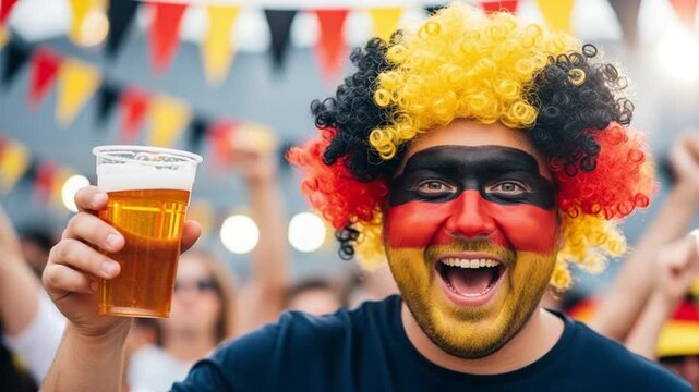 Excited Young German Male Fan Cheering With Beer Cup Wearing Flag Wig And Face Paint At Sports Event