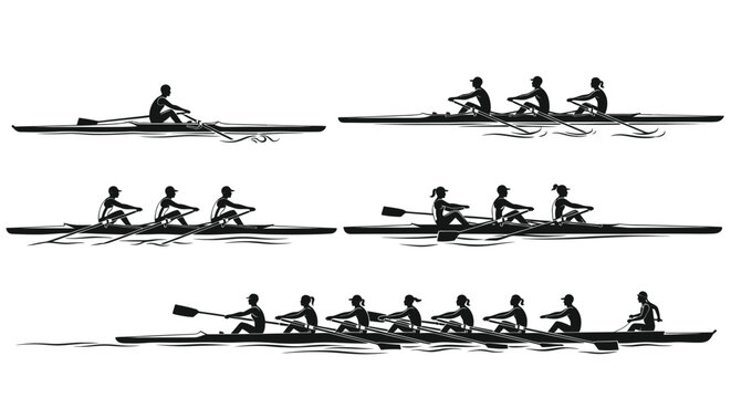 Rowing team silhouettes, diverse boat sizes, water sport, athletic competition