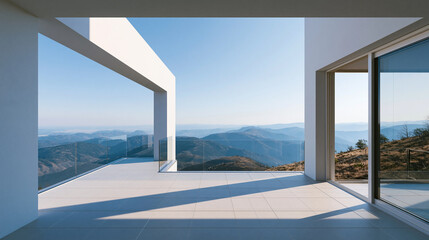 Fototapeta premium Contemporary White Terrace with Open Mountain Landscape and Minimal Luxury House Design