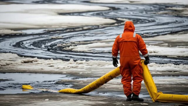Environmental response worker in orange hazmat suit cleaning oil spill in Arctic snow with yellow boom