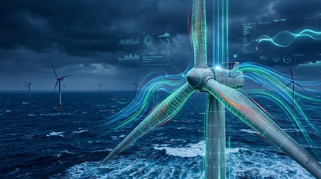 Smart offshore wind turbine with colorful wind flow aerodynamic data scanning lines