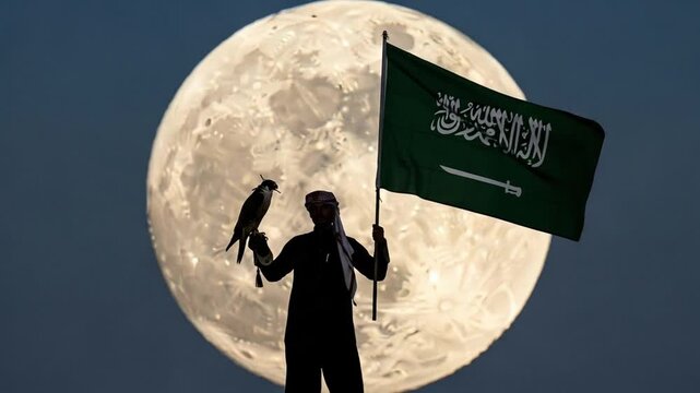Silhouette of an Arab man holding a falcon and a national flag against a giant full moon background