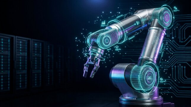 Industrial robotic arm mechanism with blue digital wireframe hologram inside server room