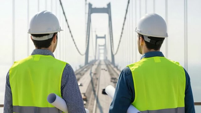 Two male civil engineers in safety vests inspecting a suspension bridge for structural maintenance