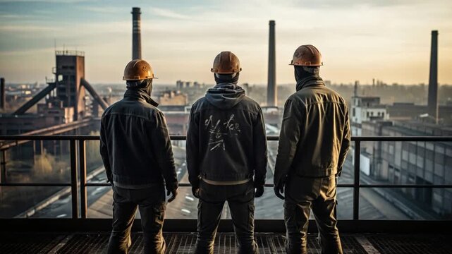 Three industrial workers in hard hats overlooking a steel mill at sunset
