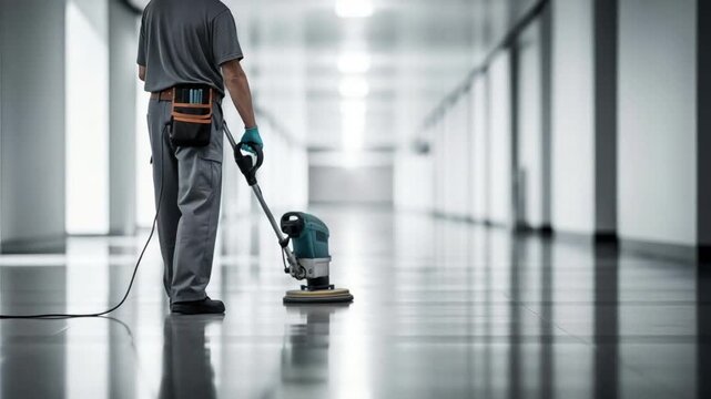 Professional Male Janitor Buffing Hospital Hallway Floor for Sterile Facility Maintenance