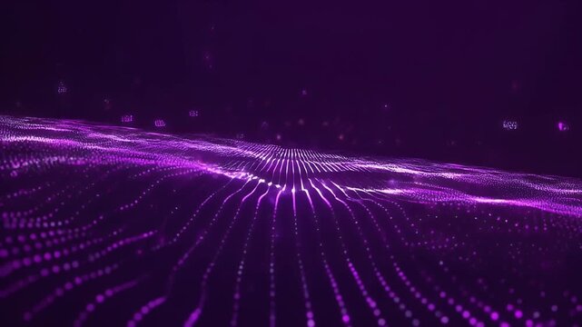 Abstract digital landscape with glowing purple and white particles forming undulating waves on a dark background, representing data flow or energy.