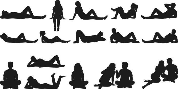 People silhouette collection with sitting lying relaxing and social interaction poses isolated on gray background