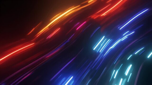 Abstract neon light trails in vibrant red, orange, pink, purple, and blue colors creating a dynamic and energetic visual effect on a dark background.