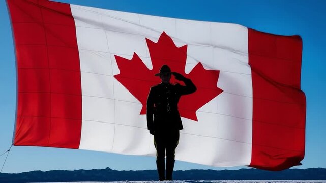 Canadian Mounted Police Officer Saluting in Front of Large National Flag Outdoors