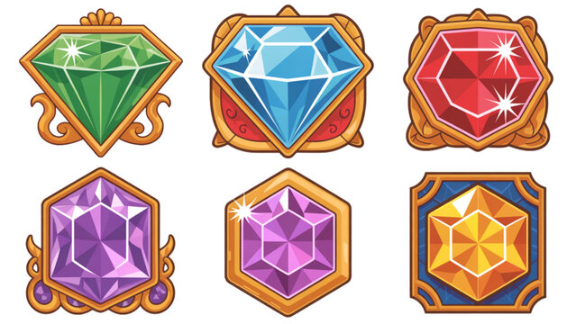 Colorful hexagonal crystal gems with glowing effects in vibrant colors Vector