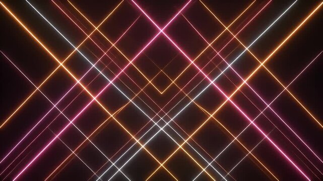 Abstract background with intersecting neon light lines in pink, orange, and white creating a dynamic symmetrical pattern.