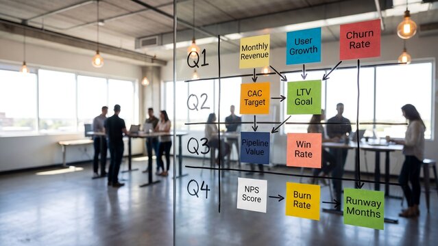 Startup Team Tracking Quarterly KPI Metrics on Glass Wall with Revenue Growth Churn and Pipeline Sticky Notes Strategy