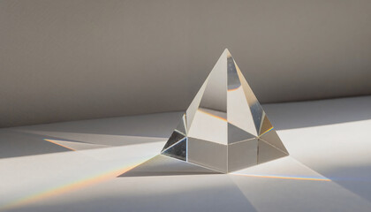 Fototapeta premium Glass pyramid prism refracting bright natural sunlight to create a colorful spectrum rainbow on a minimalist white surface with soft shadows in a clean studio photography style.