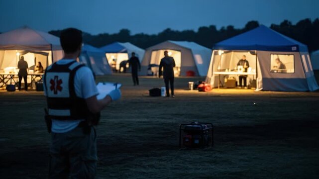 Male Emergency Medical Technician Writing on Clipboard at Night Field Hospital Camp