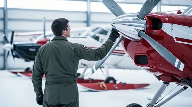 Male Aircraft Maintenance Technician Inspecting Propeller of Red Bush Plane in Hangar