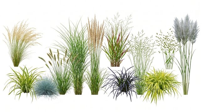 Ornamental grass collection with pampas and fescue, decorative garden plants set, realistic botanical greenery for landscape design and architecture
