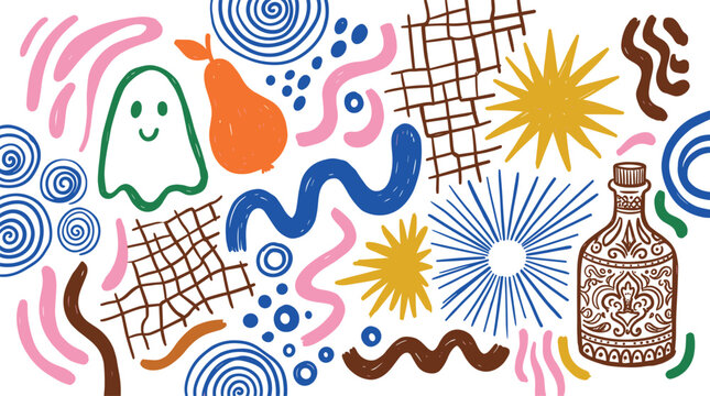 Colorful Retro Hand Drawn Doodle Set Vector with Ghost Pear Bottle Sunburst Wave Spiral Grid and Abstract Elements