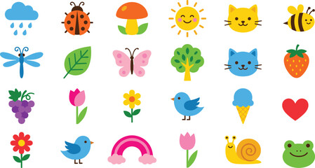 Colorful Cute Flat Nature and Animal Icon Set with Bee Butterfly Cat Frog Bird Flower and Rainbow Vector Illustration © MdRezaul