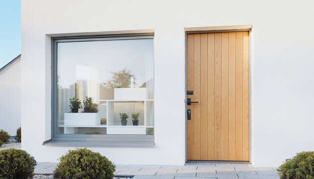 Modern wooden front door and large glass window on a minimalist white house exterior in bright daylight featuring a clean contemporary architectural design with green garden bushes.