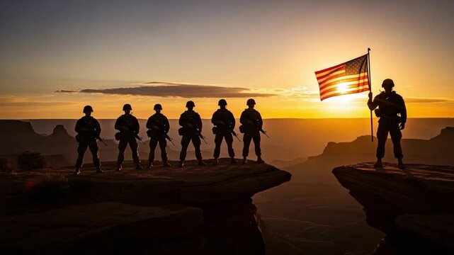 Group of American Soldiers Standing on Canyon Cliff at Sunset Holding Flag for Memorial Day Tribute