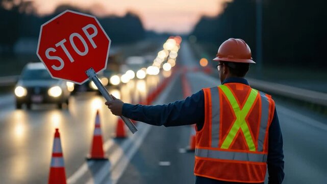 Male Road Construction Worker Holding Stop Sign for Night Traffic Control Safety