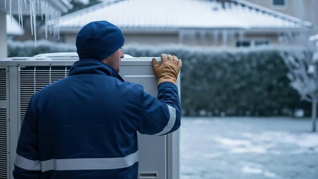 Male HVAC Technician Inspecting Outdoor Heat Pump Unit During Freezing Winter Weather