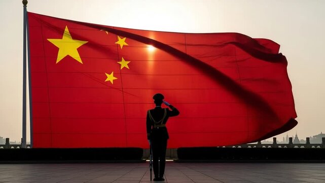 Chinese soldier saluting national flag at sunrise, military honor guard standing in front of large red flag