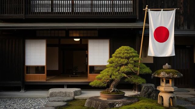 Traditional Japanese House Exterior with Bonsai Tree and Stone Lantern in Zen Garden Setting