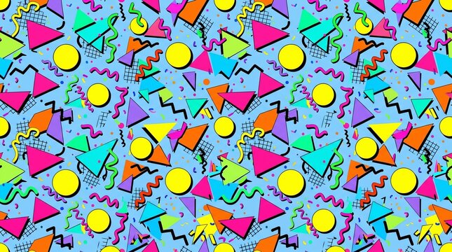 This image features a vibrant, 90s-inspired Memphis design pattern. It is a seamless, maximalist composition characterized by energetic colors and playful geometric elements.