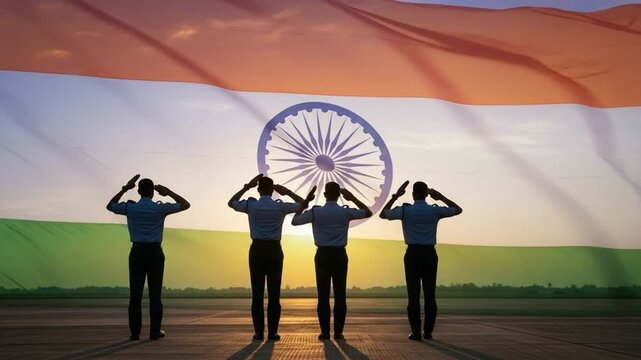 Four Indian Air Force Officers Saluting Against Large National Flag at Sunset