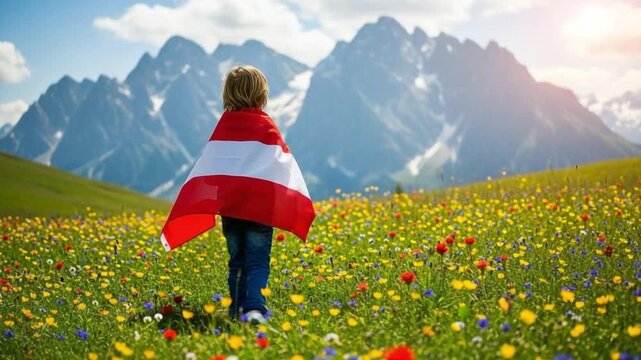 Young child wearing Austrian flag cape standing in a vibrant alpine wildflower meadow with mountain peaks
