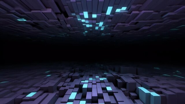 Abstract digital landscape with glowing blue and purple rectangular blocks creating a futuristic data-like environment.