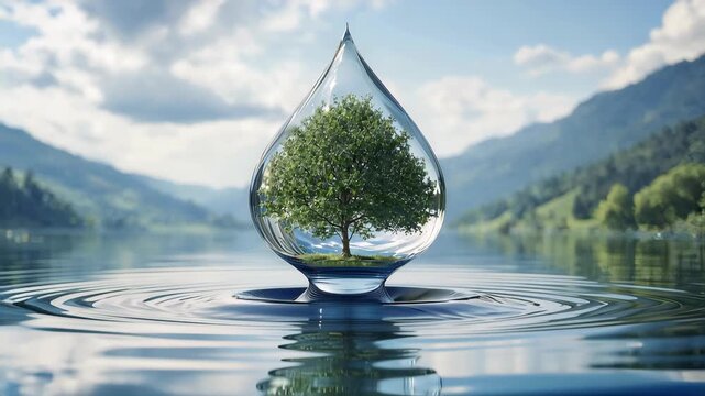 Tree encased in water droplet floating on serene lake