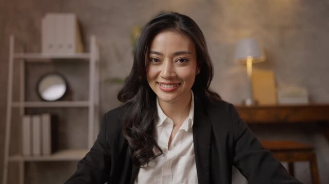 Asian businesswoman portrait in modern office, smiling professional woman in black blazer and white shirt indoors, confident headshot with soft warm light and blurred background