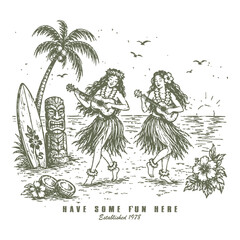 Vintage Hawaiian Hula Dancers Playing Ukulele on Tropical Sunset Beach Illustration © purify
