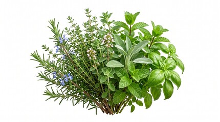 Obraz premium Fresh aromatic herbs collection, green basil rosemary sage and thyme sprigs, organic culinary seasoning bundle isolated on white background