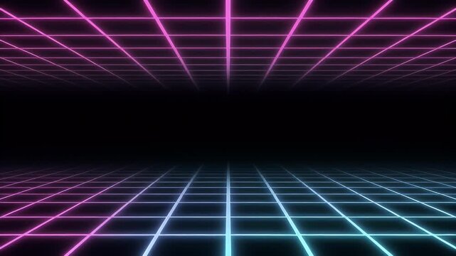 A retro-futuristic neon grid in pink and blue on a black background, creating a digital tunnel effect with glowing lines.