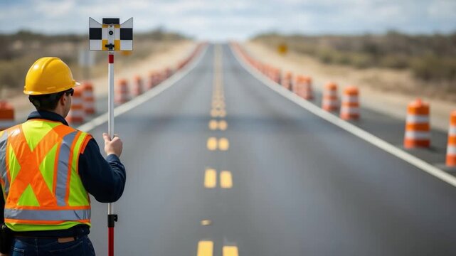 Professional male land surveyor in yellow hard hat measuring new highway road construction site.