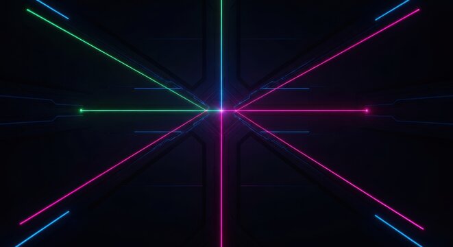 Vibrant laser beams intersect in darkness.