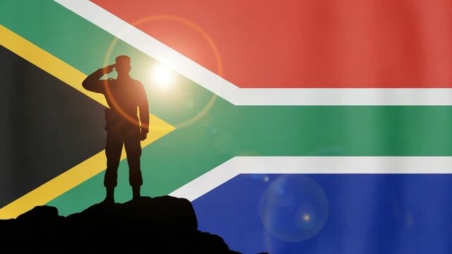 Silhouette of a South African soldier saluting against a national flag background representing patriotism and military service