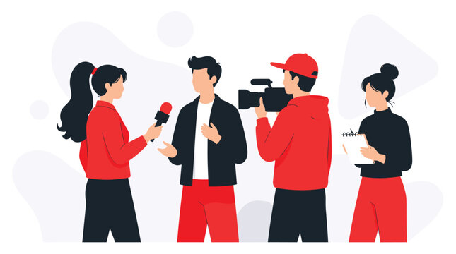 Group Of Four Individuals Engaged In An Interview Setting With Vibrant Outfits And Equipment