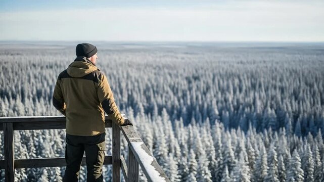 Male Wildlife Researcher Monitoring Boreal Forest Ecosystem in Winter