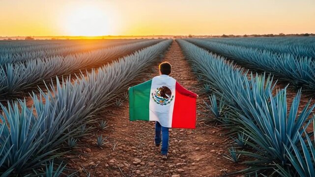 Young boy walking through blue agave field draped in Mexican flag at sunset