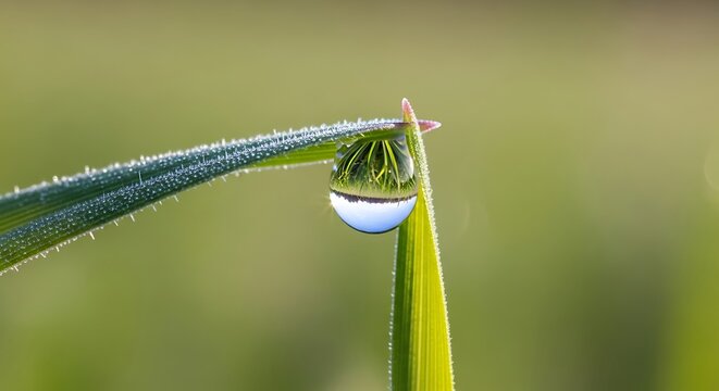 Dew Drop on Grass Blade in Morning Light