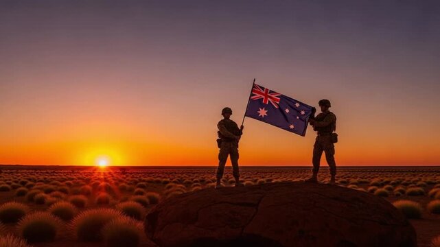 Two soldiers silhouetted holding Australian flag at sunset in desert landscape
